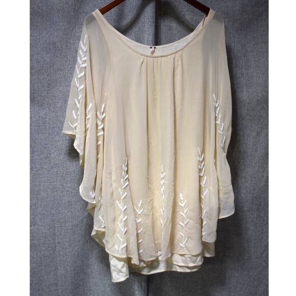 Free People Cream Embroidered Chiffon Poncho Blouse Size S - Picture 1 of 4